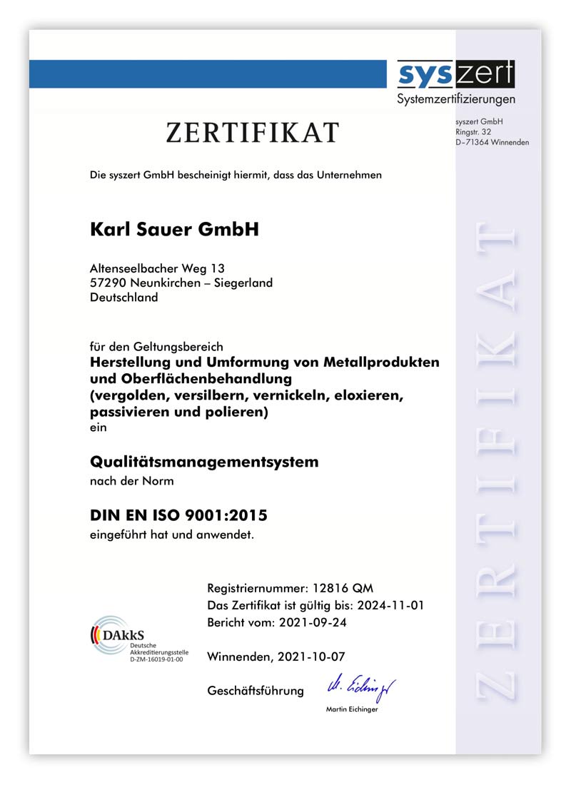 Karl Sauer Galvanik und Oberflächentechnik ist nach Din EN ISO geprüft 